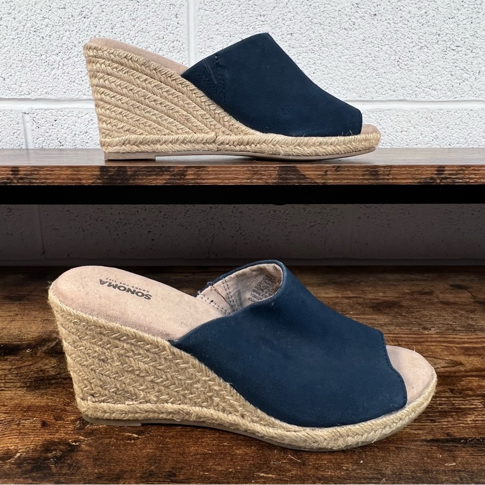 Sonoma Espadrille Wedge Leather Slide Sandals Blue Peep Toe Casual Women's 7.5